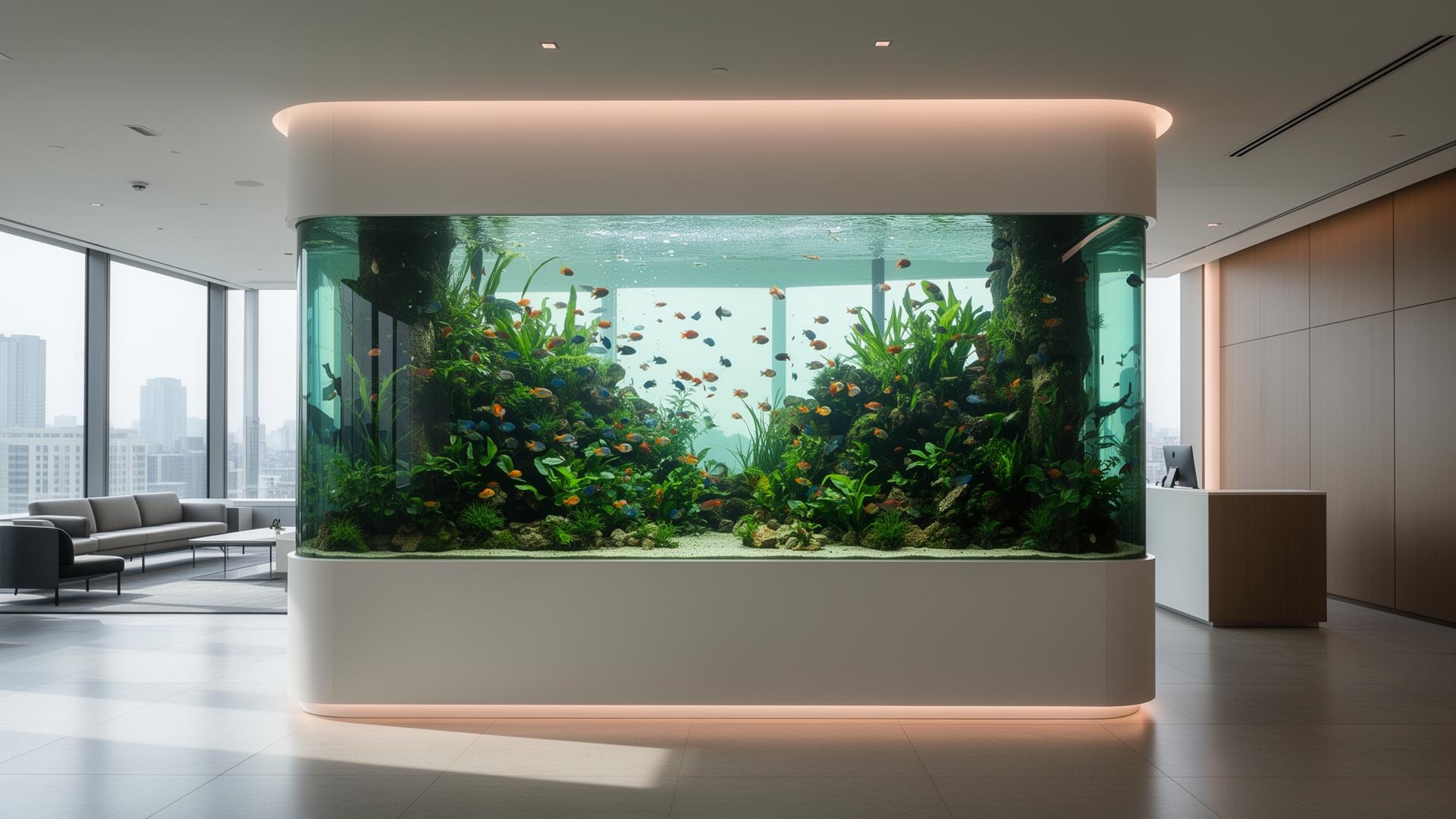 A large freshwater aquarium in a modern professional office lobby