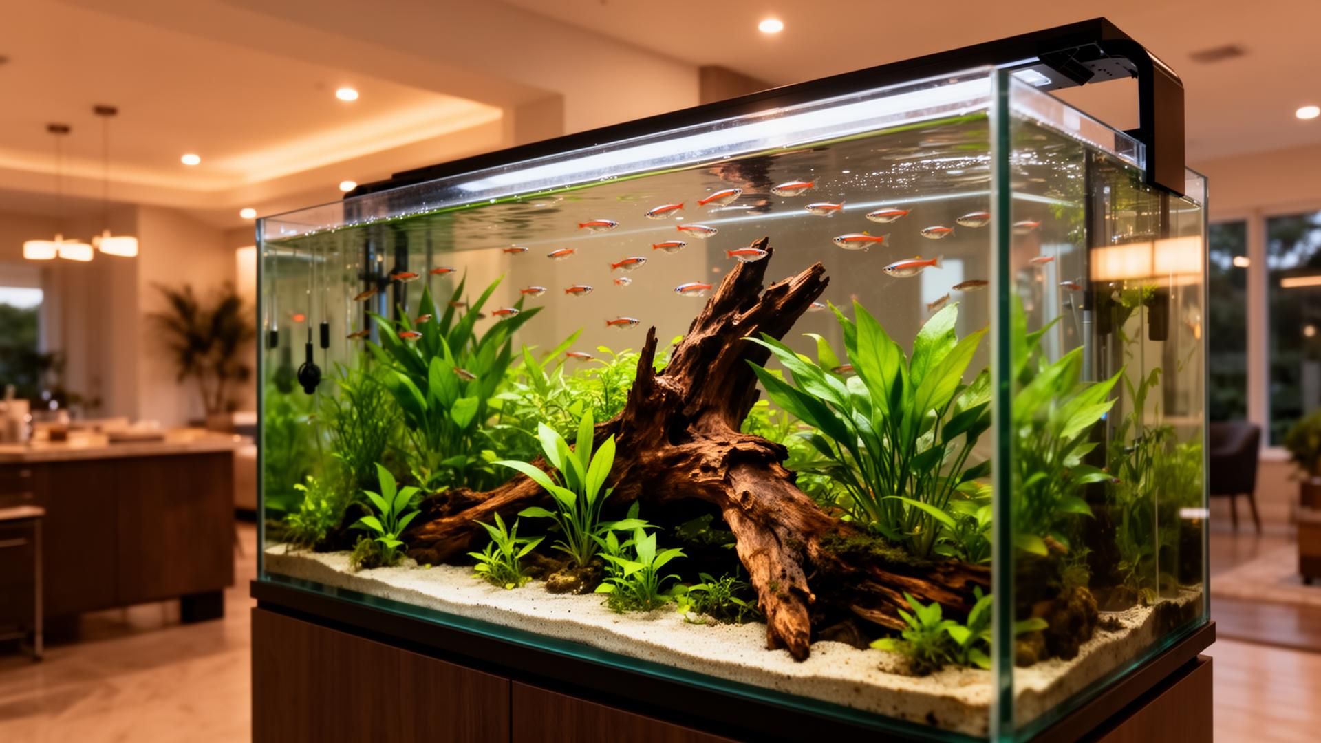 An established freshwater planted aquarium with driftwood and a school of tetras in a modern home
