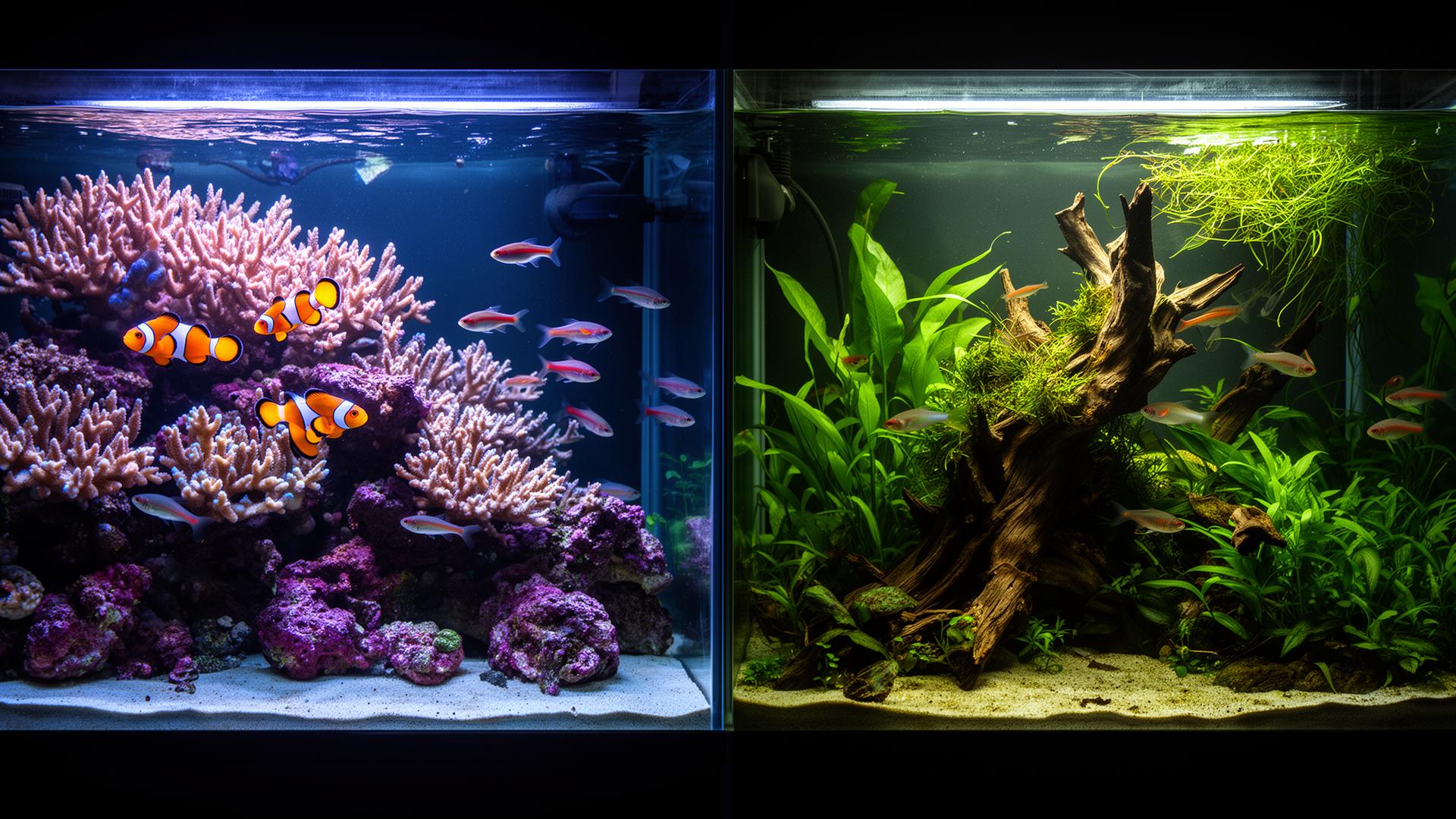 Side-by-side comparison of a saltwater reef tank with clownfish and a planted freshwater aquarium