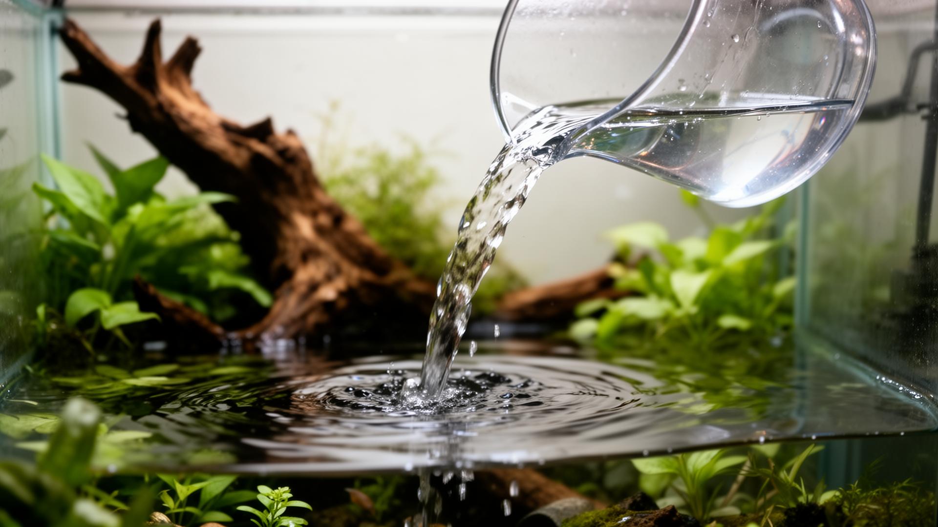 Clean water being poured into a planted freshwater aquarium with driftwood