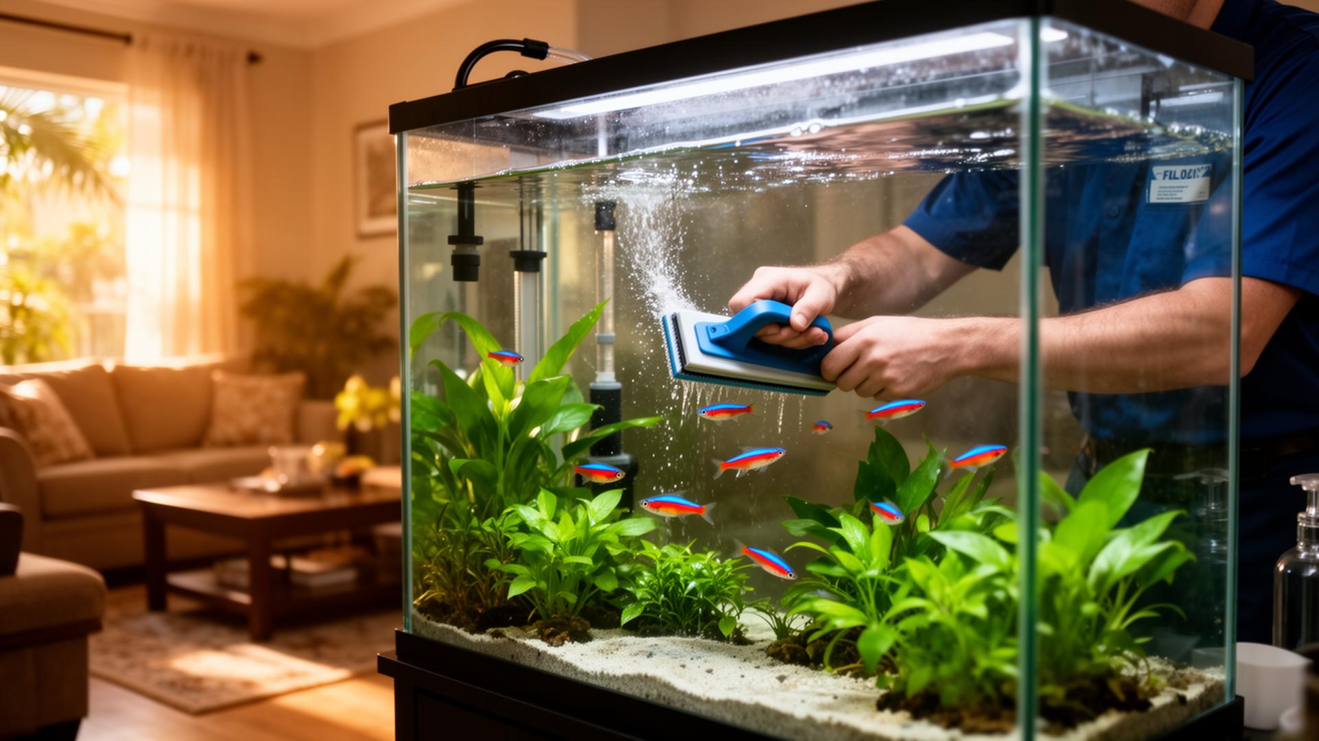 A professional cleaning the inside glass of a freshwater home aquarium with neon tetras and live plants