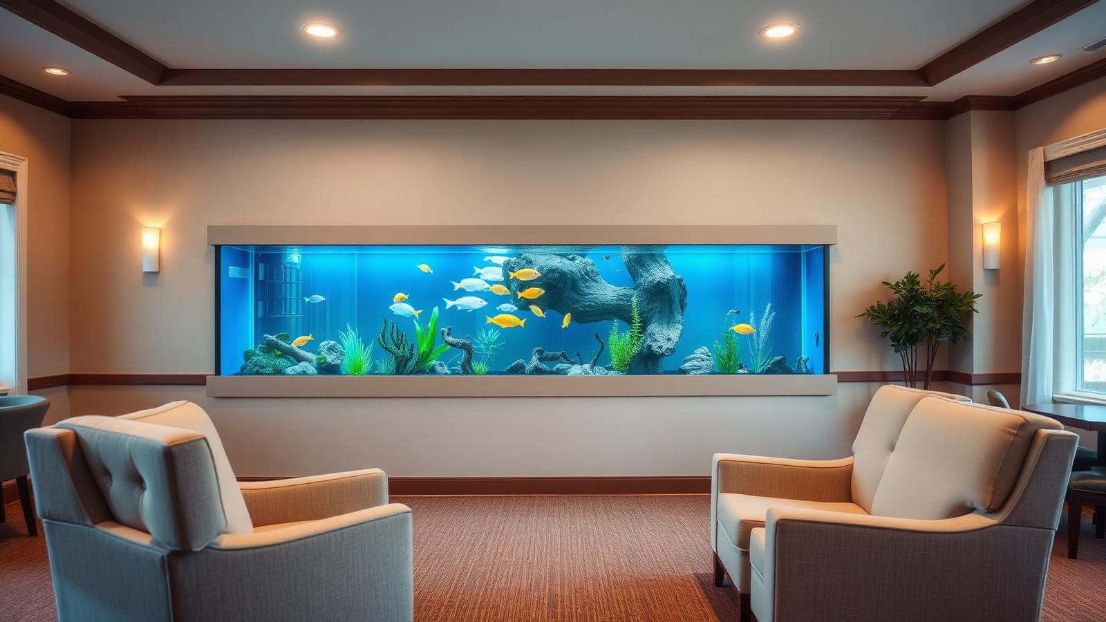 Assisted-living lounge with a large, well-lit freshwater aquarium and comfortable armchairs facing it